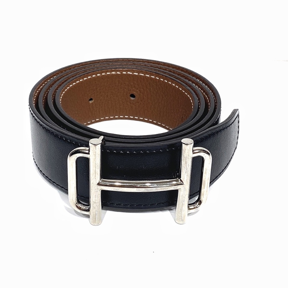 Hermes Black and Brown Reversible Leather Belt with Silver H Buckle